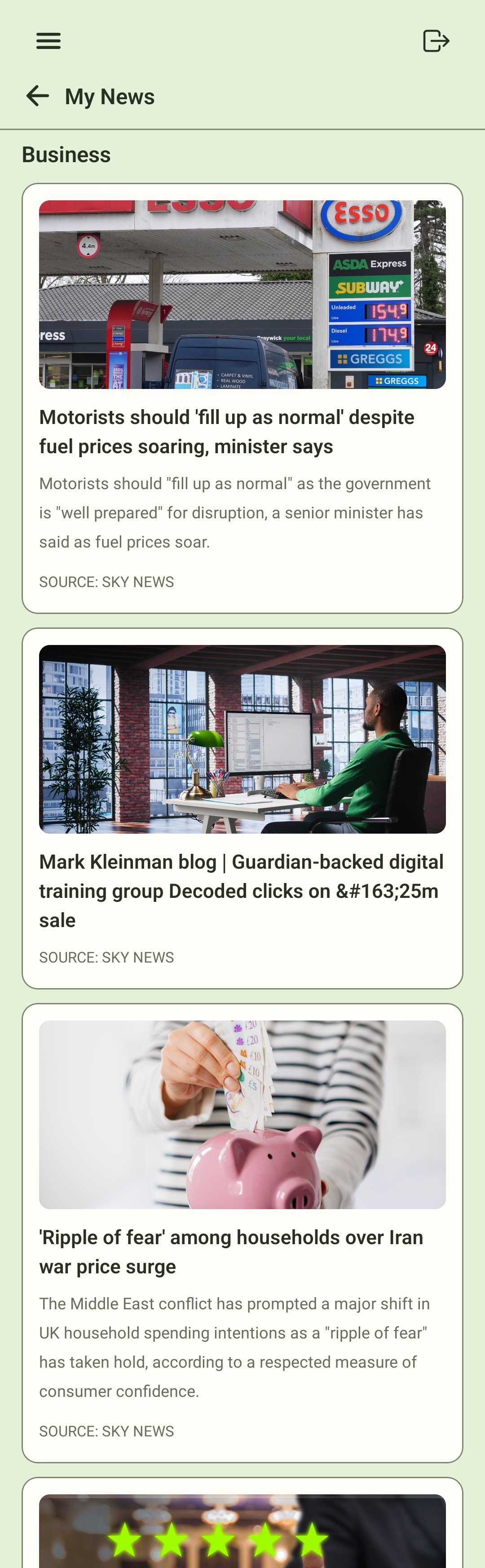 News screen showing Sky News business stories