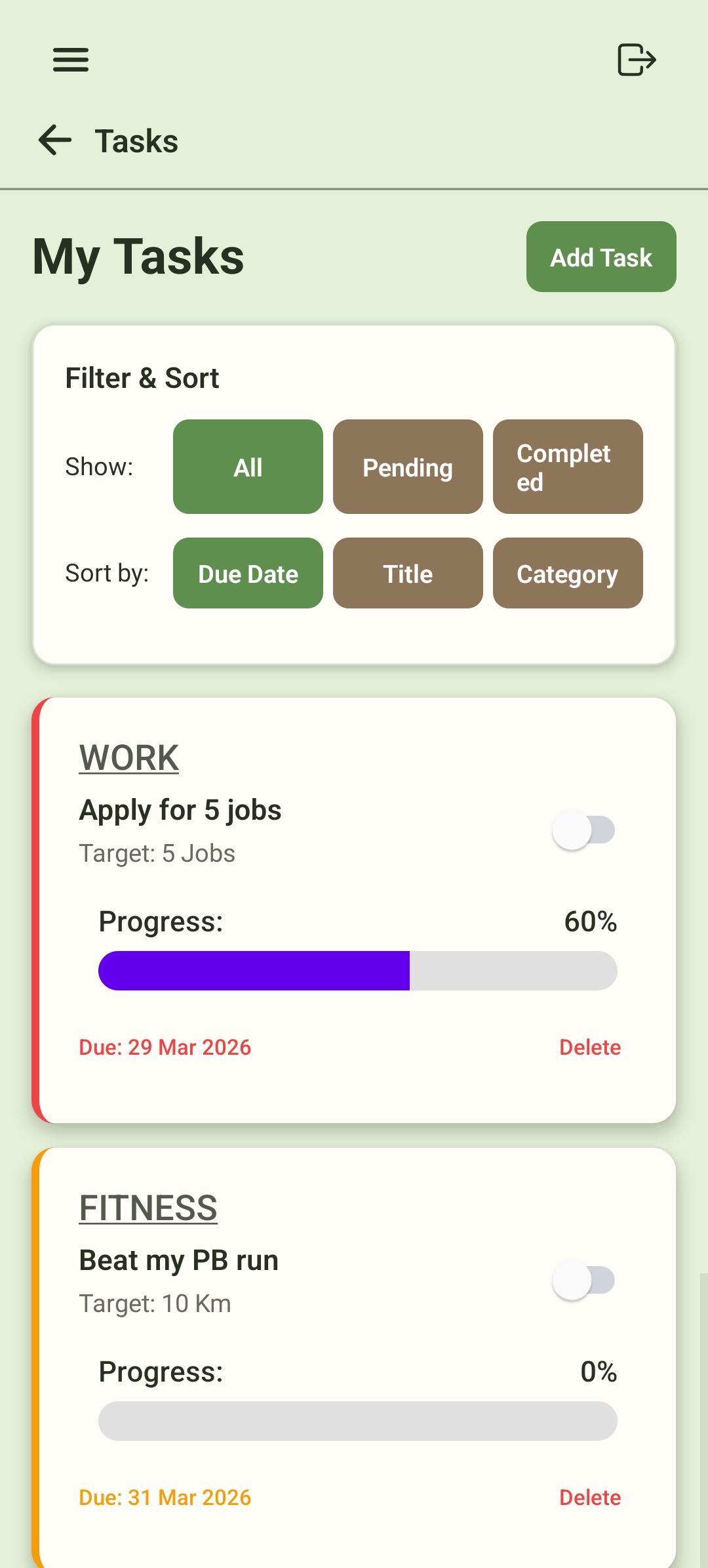 Tasks screen with filters, sorting, progress bars, and due dates